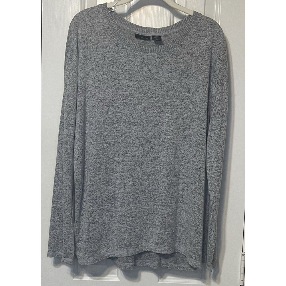 Tahari Gray Sweater Luxury Soft Knit Pullover Ribbed Accent Panel Size Large